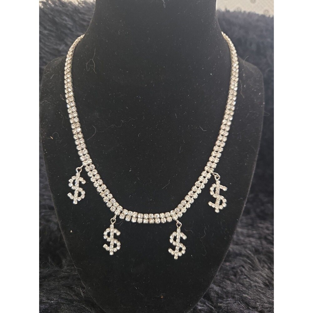 Crystal Dollar Sign Adjustable Necklace Hip Hop Bling Lobster Clasp Chain